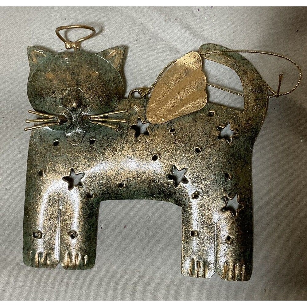 Whimsical Metal Angel Cat Ornament With Wings And A Halo